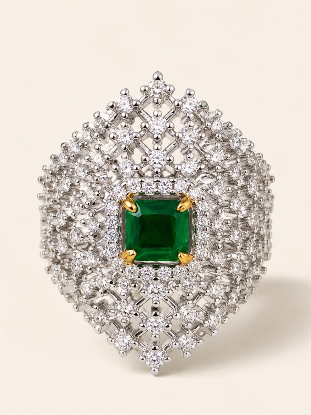 Vintage Royal Emerald Halo Statement Ring